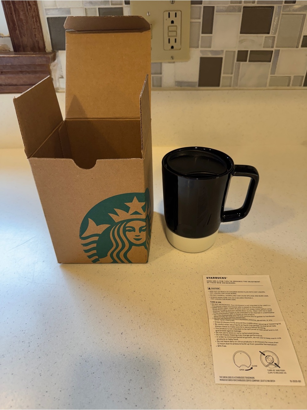 Starbucks Black with  White Rubber Bottom Ceramic Coffee Mug with Lid 14 oz